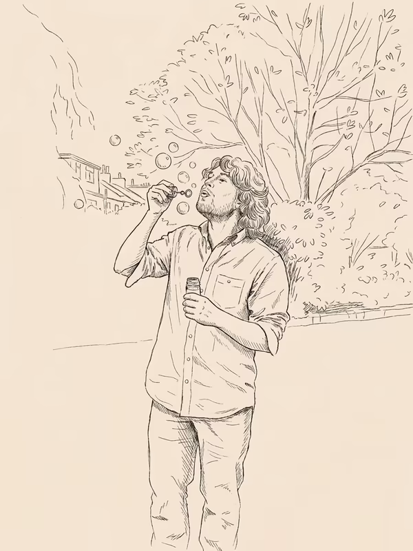 Ink drawing of Joe blowing bubbles in a garden